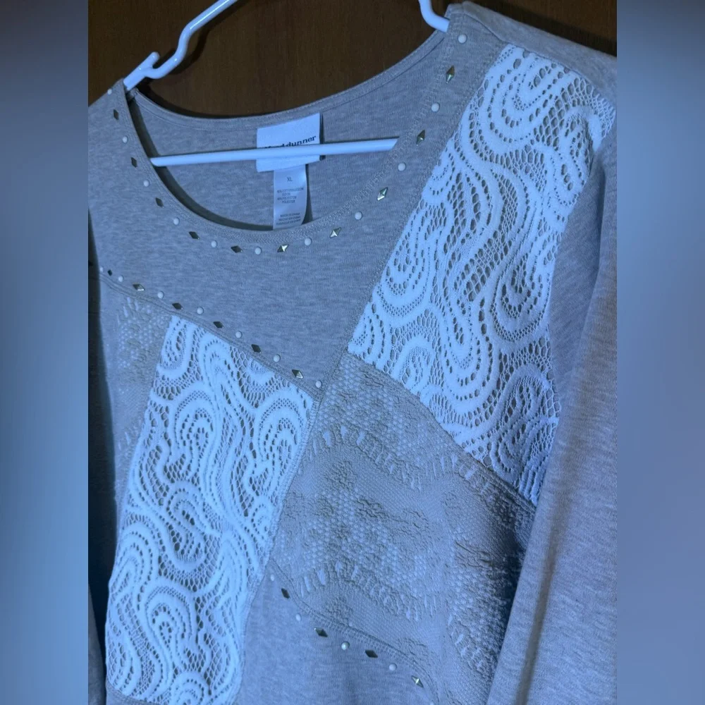 Alfred Dunner Beige and White Lace Accent Top - Picture 3 of 5